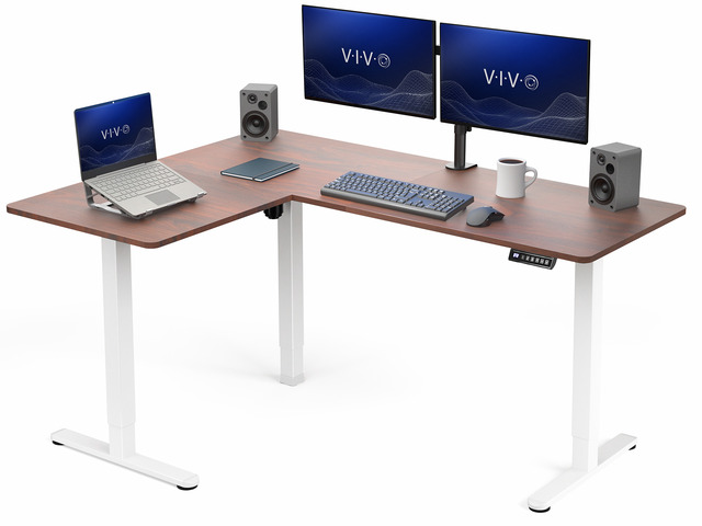 VIVO Dark Walnut / White Electric 63' x 47' Corner Standing Desk