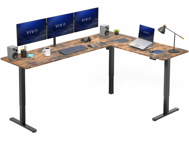 VIVO Vintage Brown / Black Electric 84' x 63' Corner Desk, L-Shaped Workstation