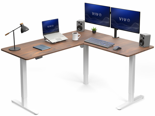 VIVO Electric 63' x 55' Corner Stand Up Desk, Dark Walnut Table Top, White Frame