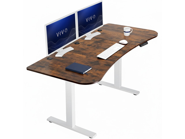 VIVO Electric 63 x 32 Standup Desk, Rustic Vintage Brown Tabletop, White Frame
