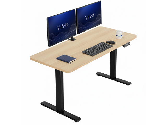 VIVO Electric 60 x 24 Stand Up Desk Light Wood Table Top, Black Frame