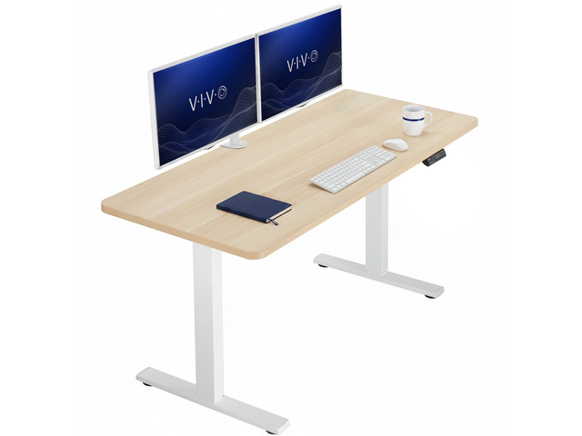 VIVO Electric 60 x 24 Stand Up Desk Light Wood Table Top, White Frame