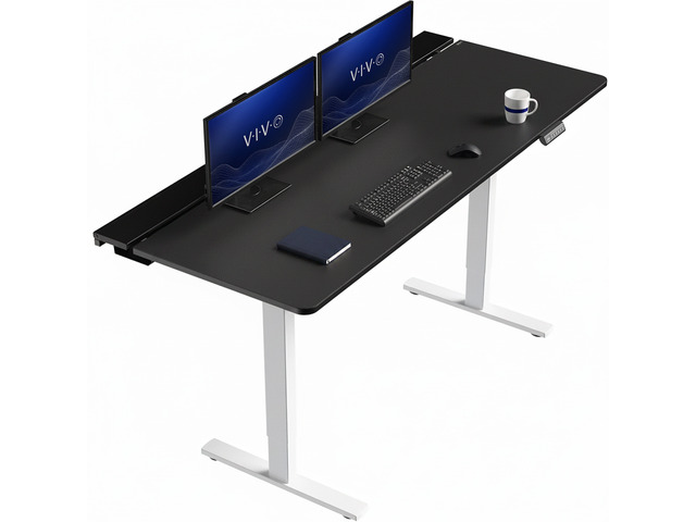 VIVO Electric 71' x 30' Desk, Full Pad, Black Hidden Cable Tabletop, White Frame