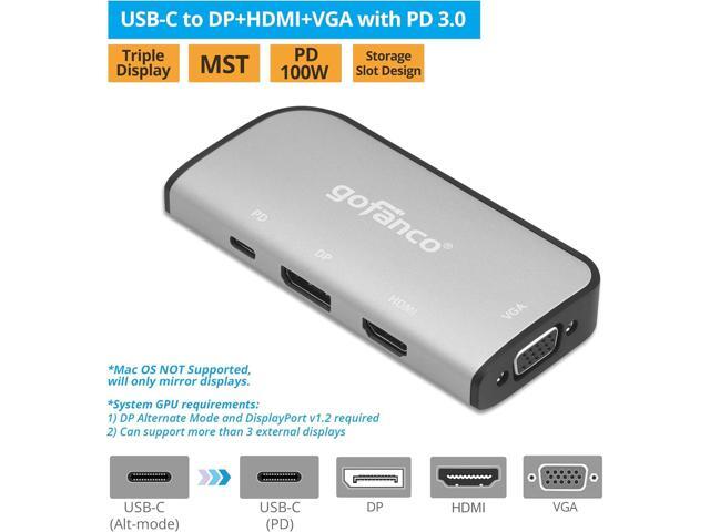 gofanco 4K 60Hz USB-C MST Hub with 3 Displays USBC to Up to 3 Displays (HDMI/DisplayPort/VGA), 100W PD Charging, Thunderbolt 3 & 4 Compatible,...