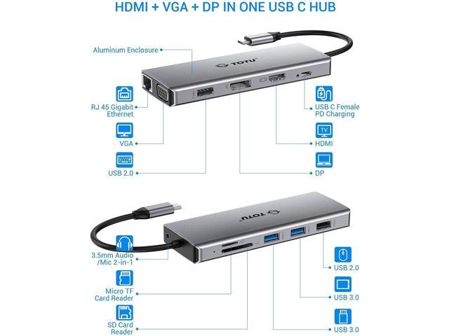 USB C Hub, TOTU Upgraded 13 in 1 Type C Hub to 4K HDMI & DP, VGA, 2 USB3.0/2 USB2.0/75W PD, Triple Display Docking Station for MacBook Pro and...