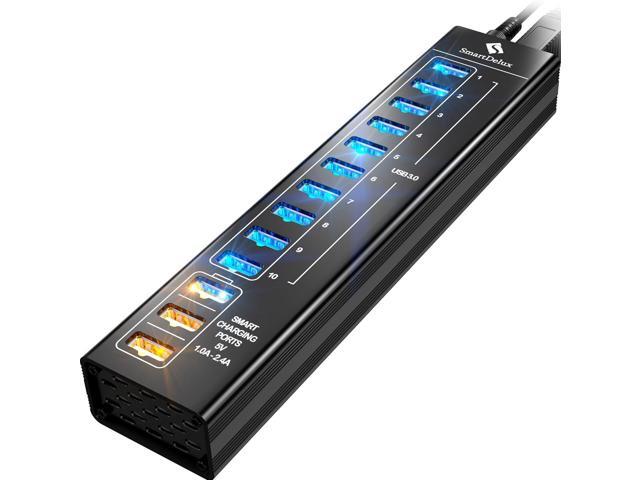 Powered USB Hub - USB 3.0 Ports Hub with 3 Smart Charging Ports, Power Adapter, Long Cord, LEDs (13-port USB Hub)