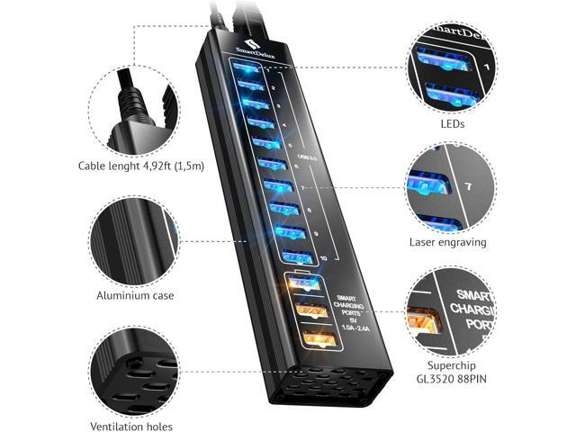 Powered USB Hub - USB 3.0 Ports Hub with 3 Smart Charging Ports, Power Adapter, Long Cord, LEDs (13-port USB Hub)
