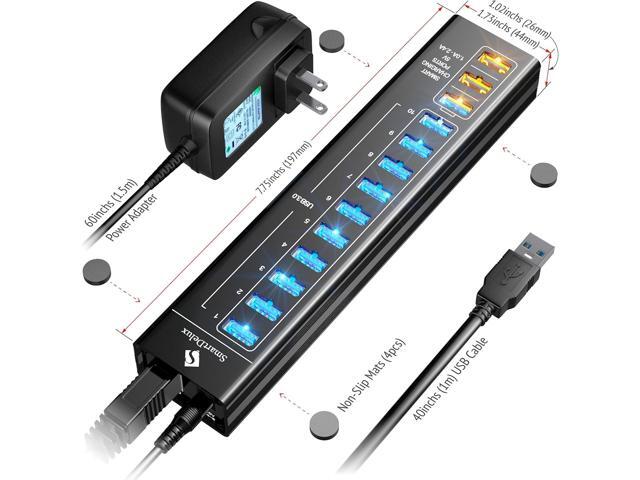 Powered USB Hub - USB 3.0 Ports Hub with 3 Smart Charging Ports, Power Adapter, Long Cord, LEDs (13-port USB Hub)