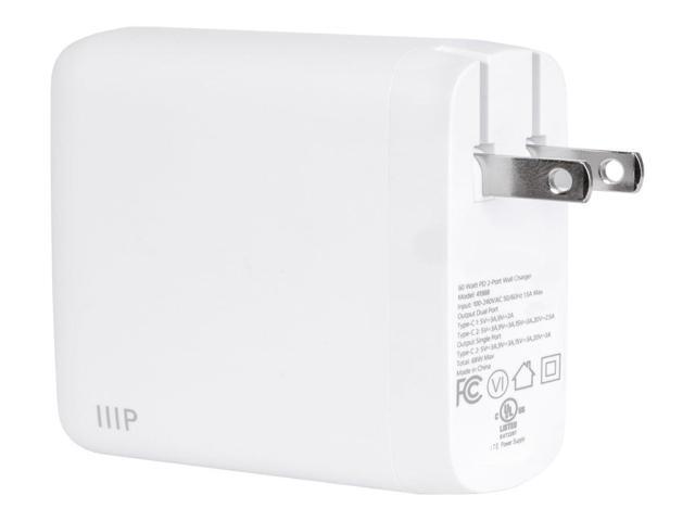 Monoprice 68W 2-port USB-C GaN Charger, Fast Charge, Foldable, PD Technology, for MacBook, iPad, iPhone, Galaxy, White