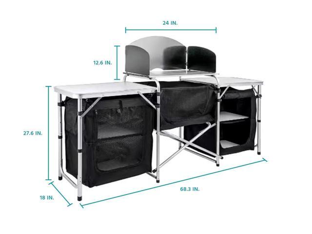 6 Inch Aluminum Portable Fold-Up Camping Kitchen with Windscreen and 5 Enclosed Cupboards, Cook Station, for BBQ, Camping, Picnic, Backyard