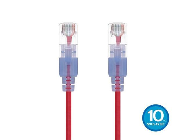 Monoprice SlimRun Cat6A Ethernet Patch Cable - Network Internet Cord - RJ45, Stranded, UTP, Pure Bare Copper Wire, 30AWG, 6in, Red, 10-Pack