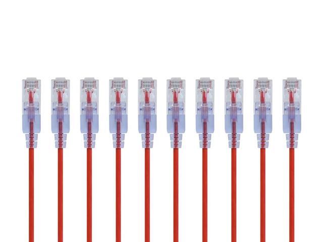 Monoprice SlimRun Cat6A Ethernet Patch Cable - Network Internet Cord - RJ45, Stranded, UTP, Pure Bare Copper Wire, 30AWG, 2ft, Red, 10-Pack