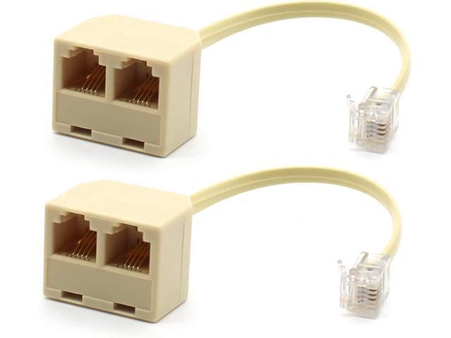 RJ11 Male to Dual Female 6P4C Splitter Connector Telephone Adapter Plug Cord Cable Male to 2 Female Converter Separator Cord for Landline (2 of Pack)