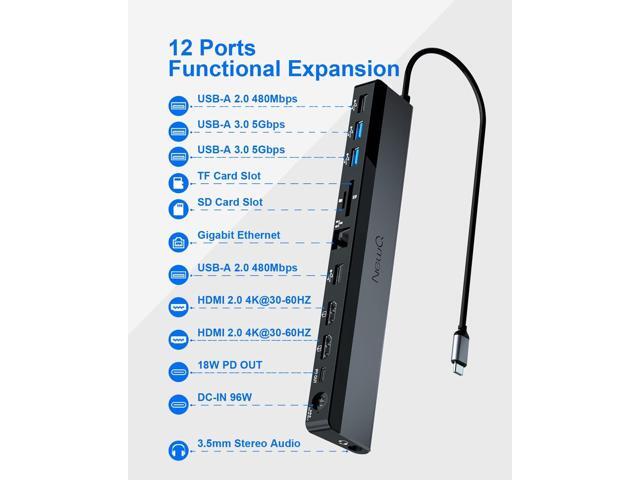USB C Docking Station Dual Monitor with Power Adapter: NewQ 12-in-1 Thunderbolt 3 4 Dock, Dual 4K HDMI, 4 USB, Audio, Ethernet, SD/TF Slot, 18W...