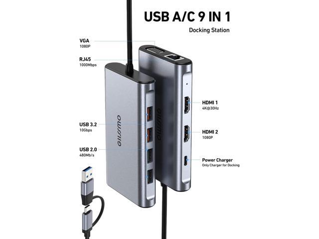 USB Docking Station Dual Monitor, GIISSMO 9-in-1 USB A 3.0 / USB C Docking Station Triple Monitor with 2 HDMI,VGA, 10Gbps USB 3.1, Gigabit...