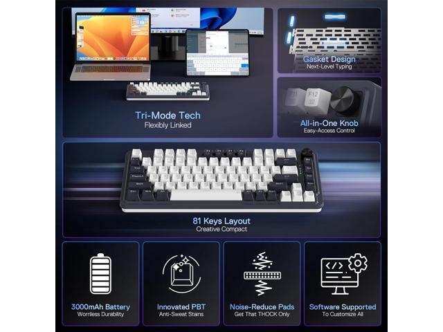 K673 PRO 75% Wireless Gasket RGB Gaming Keyboard, 3-Modes 81 Keys Compact Mechanical Keyboard Hot-Swap Socket, Dedicated Knob Control and Sound...