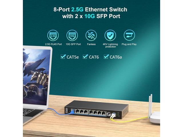 10 Port 2.5G Unmanaged Ethernet Switch, VIMIN 8X 2.5G Switch Base-T Ports, 2X 10G SFP Port, 80Gbps Switching Capacity, IEEE802.3, Metal Housing,...