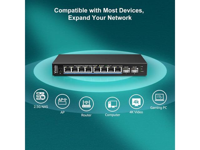 10 Port 2.5G Unmanaged Ethernet Switch, VIMIN 8X 2.5G Switch Base-T Ports, 2X 10G SFP Port, 80Gbps Switching Capacity, IEEE802.3, Metal Housing,...