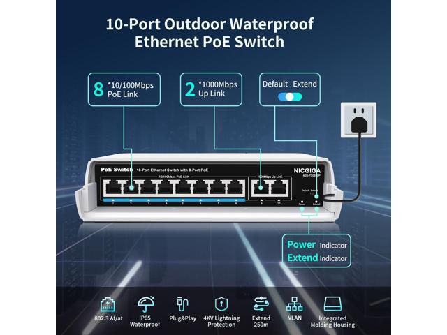 Outdoor Waterproof 8-Port PoE Switch with 8 Port PoE+@120W + Gigabit Uplink Port, 10 Port IEEE802.3af/at Power Over Ethernet Switch Unmanaged with...