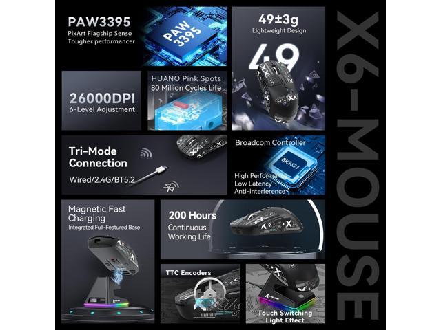 ATTACK SHARK X6 Lightweight Wireless Gaming Mouse with RGB Backlight Charging Base,Tri-Mode Wired/2.4GHz/BT5.2,26K DPI, PAW3395 Optical...