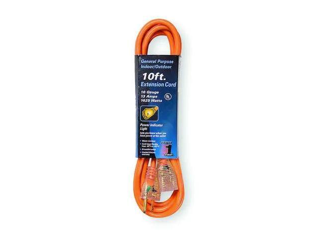 ZORO SELECT 3EA97 SJTW Outdoor Extension Cord, 16 AWG 1 Outlet, 5-15R, Orange,