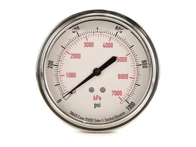 ZORO SELECT 4CFV8 Commercial Pressure Gauge, 0 to 1,000 psi, 3 1/2 in Dial, 1/4