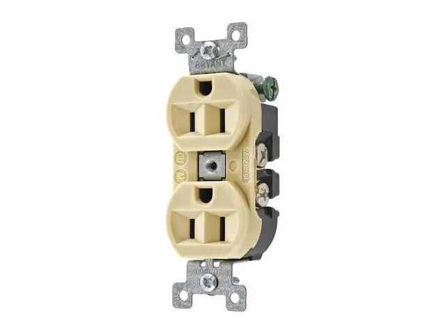 BRYANT 5262BI Straight Blade Receptacle, 5-15R, 15 A, 125V AC, 2 Pole, 3 Wire,
