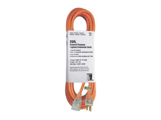 ZORO SELECT 3EA98 SJTW Outdoor Extension Cord, 16 AWG 1 Outlet, 5-15R, Orange,