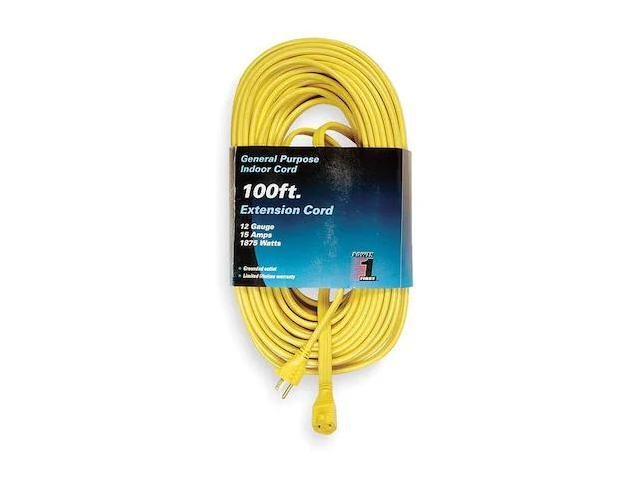 ZORO SELECT 1FD63 SPT-3 Indoor Extension Cord, 12 AWG 1 Outlet, 5-15R, Yellow,