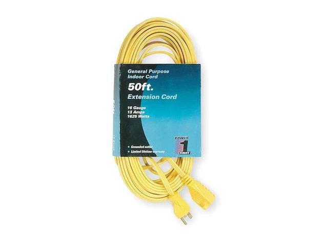 ZORO SELECT 1FD59 SPT-2 Indoor Extension Cord, 16 AWG 1 Outlet, 5-15R, Yellow,