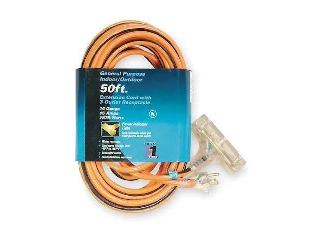 ZORO SELECT 1FD66 SJTW Outdoor Extension Cord, 14 AWG 3 Outlets, 5-15R,