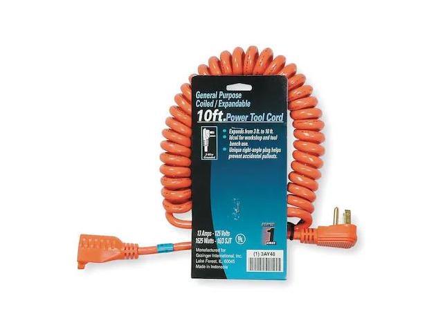 ZORO SELECT 3AY48 SJT Coiled Extension Cord, 16 AWG, 16/3, Orange, PVC, NEMA