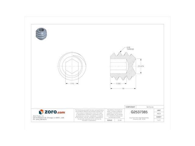 ACORN CONTROLS 0181-012-001 Set Screw, Chrome Plated Stainless Steel