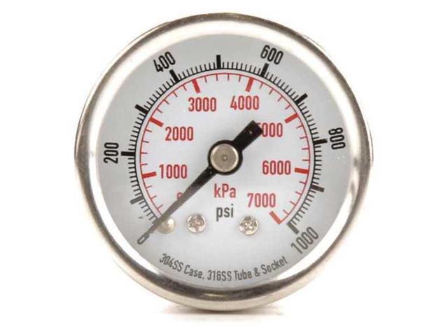 ZORO SELECT 4FMU1 Pressure Gauge, 0 to 1000 psi, 1/8 in MNPT, Stainless Steel,