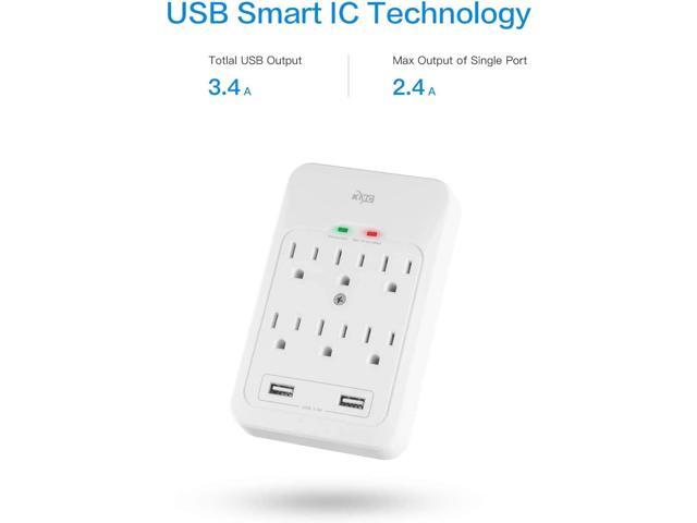 KMC 6-Outlet Surge Tap, 2 USB Ports (3.4A), 980 Joules Surge Protector, White (2 Pack)