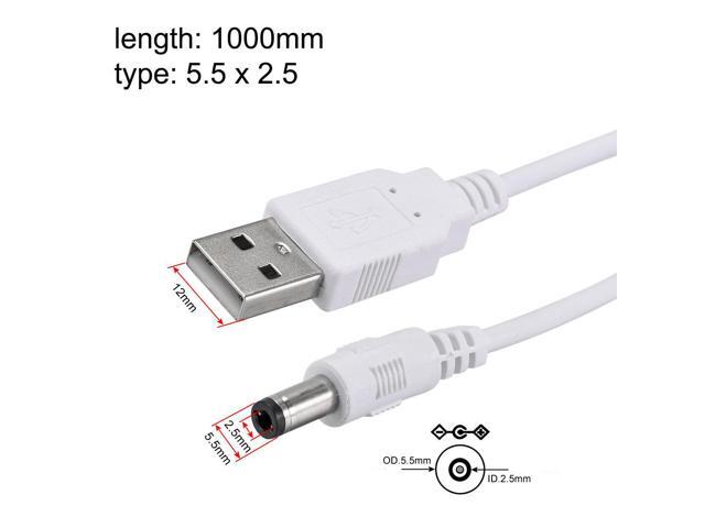 1M DC Male Power Supply 5.5x2.5mm Adapter to USB Plug Male Cable White