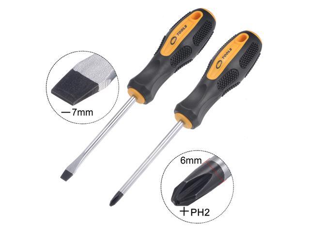 #2 Phillips / 7mm Slotted Magnetic Screwdriver Set, 4' S2 Steel Round Shaft Non-Slip Black+Yellow Handle