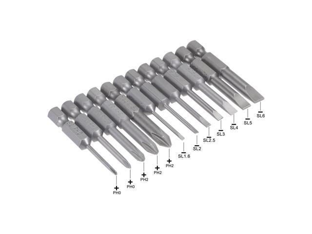 12 Pcs Screwdriver Bit Set, 1/4' Hex Shank Magnetic Phillips Slotted Drill Bits, 2' Long S2 Steel