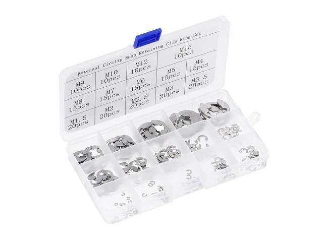 E-Clip Circlip - 215Pcs 14-Size External Retaining Shaft Snap Ring Washer 304 Stainless Steel Assortment Set Silver- Size: 1.5mm to 15mm photo