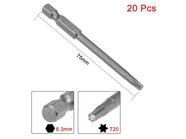 20pcs 75mm Long 1/4' Hex Shank T20 Magnetic Torx Head Screwdriver Bits S2 High Alloy Steel