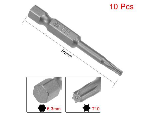 10pcs 50mm Long 1/4' Hex Shank T10 Magnetic Torx Head Screwdriver Bits S2 High Alloy Steel