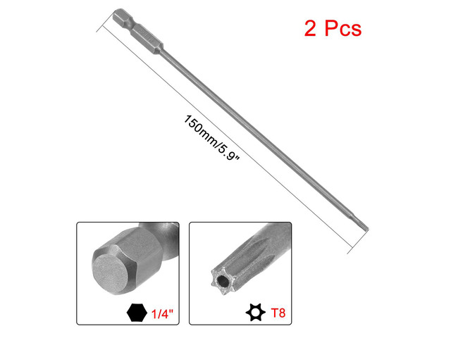 2Pcs 1/4' Hex Shank 150mm Length Magnetic Torx Security Head T8 Screwdriver Bits S2 Alloy Steel