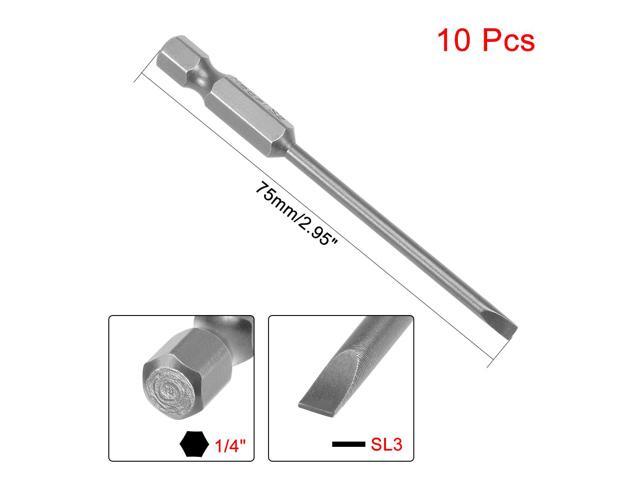 10Pcs 1/4' Hex Shank 75mm Length Magnetic SL3 Slot Head Screwdriver Bits S2 Alloy Steel
