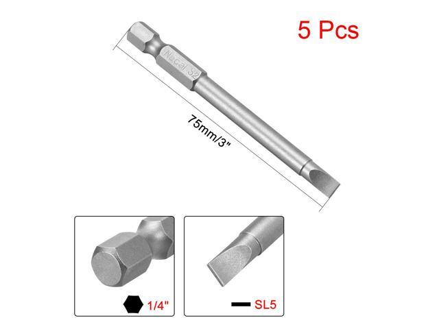 5 Pcs 1/4' Hex Shank 75mm Length Magnetic SL5 Slot Head Screwdriver Bits S2 Alloy Steel