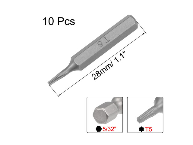 Torx Bits 10pcs 5/32 Inch Hex Shank T5 Magnetic Torx Screwdriver Bit Set 28mm Length S2 Screw Driver Kit Tools