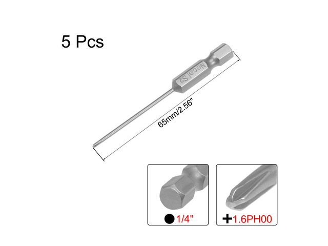 Phillips Bits 1/4-Inch Hex Shank 65mm Length Cross 1.6PH00 Magnetic Screw Driver S2 Screwdriver Bit 5Pcs