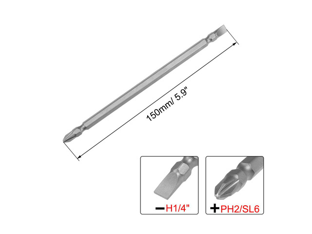 Phillips Bits 1/4 Inch Hex Shank 150mm Length Magnetic Slotted Screwdriver PH2/SL6 Double Head Screw Driver Bits S2 Alloy Steel