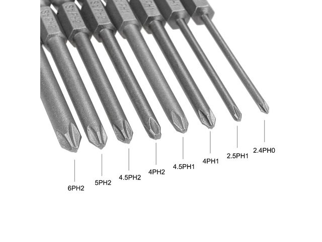 Phillips Bits Set 8pcs 1/4 Inch Hex Shank 2.4PH0-6PH2 Magnetic Cross Screwdriver Bit Set 75mm Length S2 Screw Driver Kit Tools