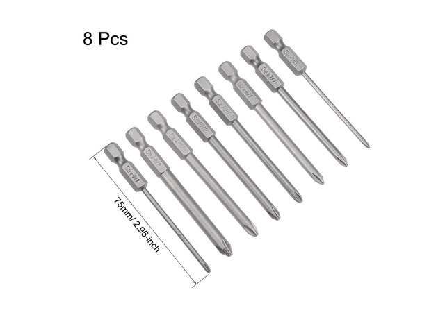 Phillips Bits Set 8pcs 1/4 Inch Hex Shank 2.4PH0-6PH2 Magnetic Cross Screwdriver Bit Set 75mm Length S2 Screw Driver Kit Tools