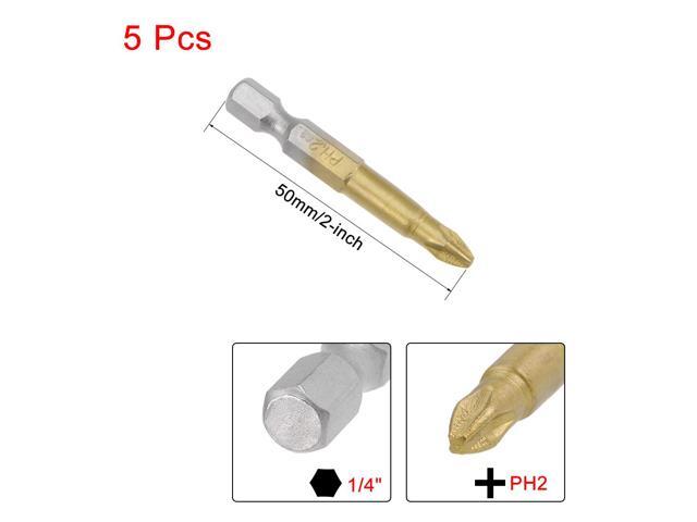 Phillips Bits 5pcs 1/4-Inch Hex Shank Magnetic Cross Screwdriver Bit 50mm Length PH2 Titanium Plating S2 Non-Slip Screwdriver Bit